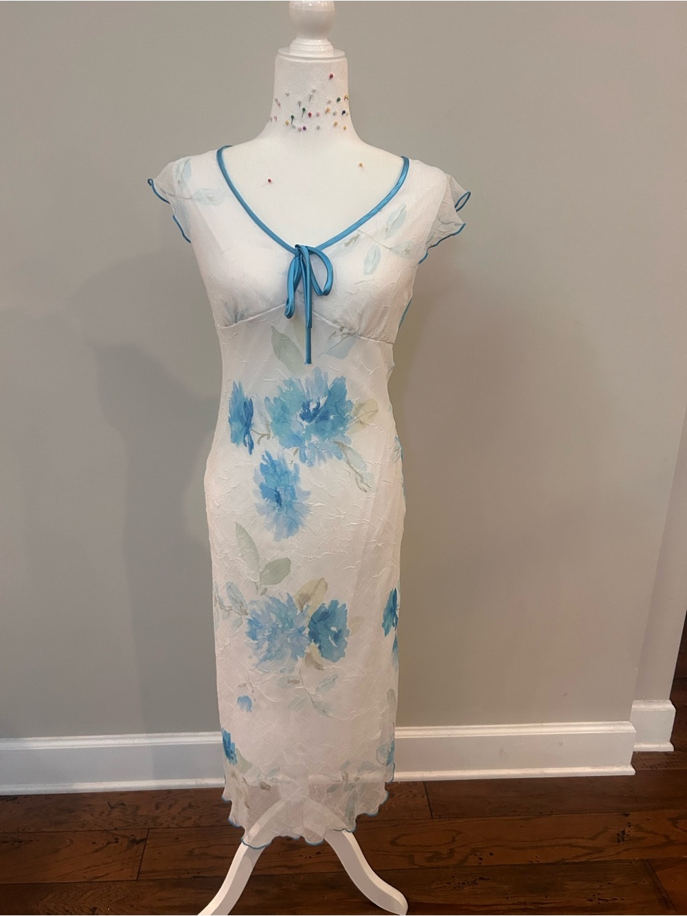 VINTAGE 90s Byer Too! Sheer Floral Midi Dress with Blue Trim